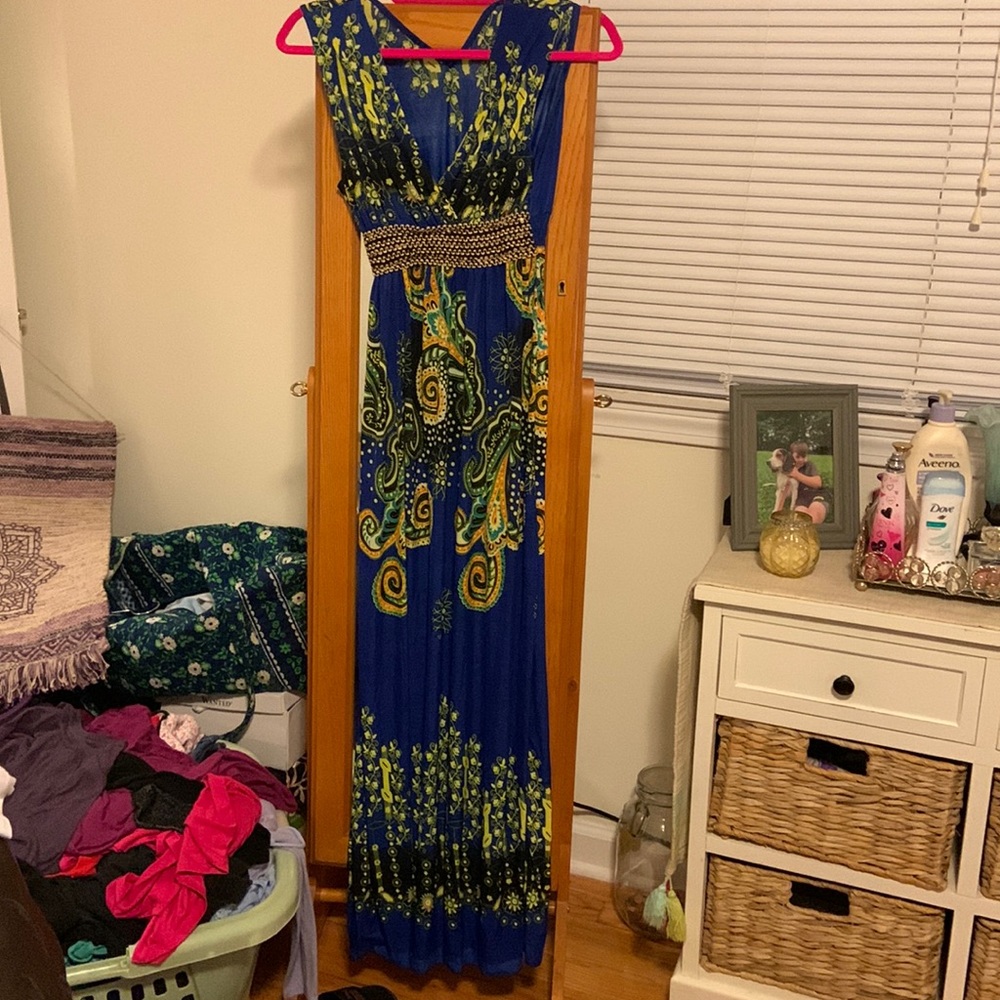 blue dress with design yellow green orange stretch able